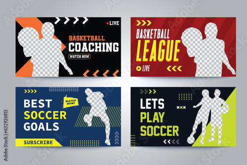 set of colorful thumbnails and web banners, soccer and basketball , leagues, goals, coaching, live isolated backgrounds, editable text vector templates,  