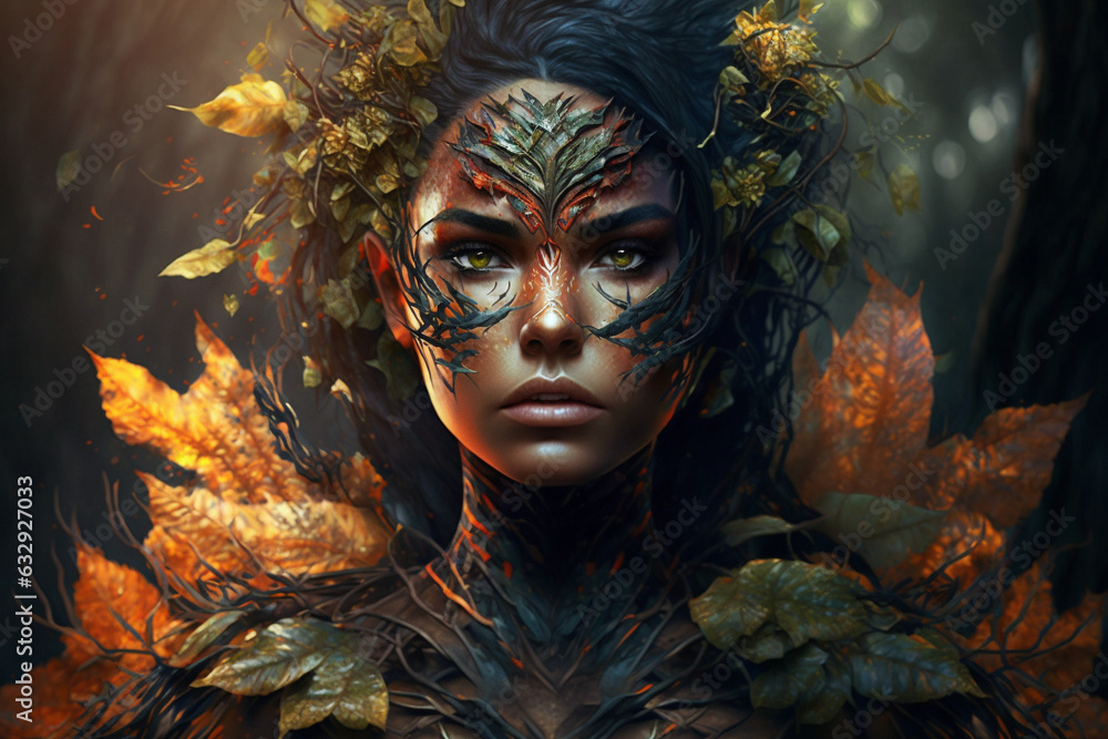 Mother nature concept seamlessly merged with beautiful face portrait of a young woman. Ai generated