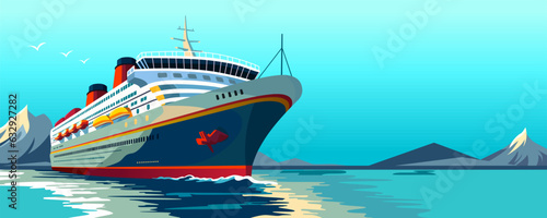 Luxury cruise ship. Sea passenger transportation. Boat in ocean water. Journey vessel. Marine vacation. Modern large liner. Realistic seascape. Summer nautical holiday. Vector illustration