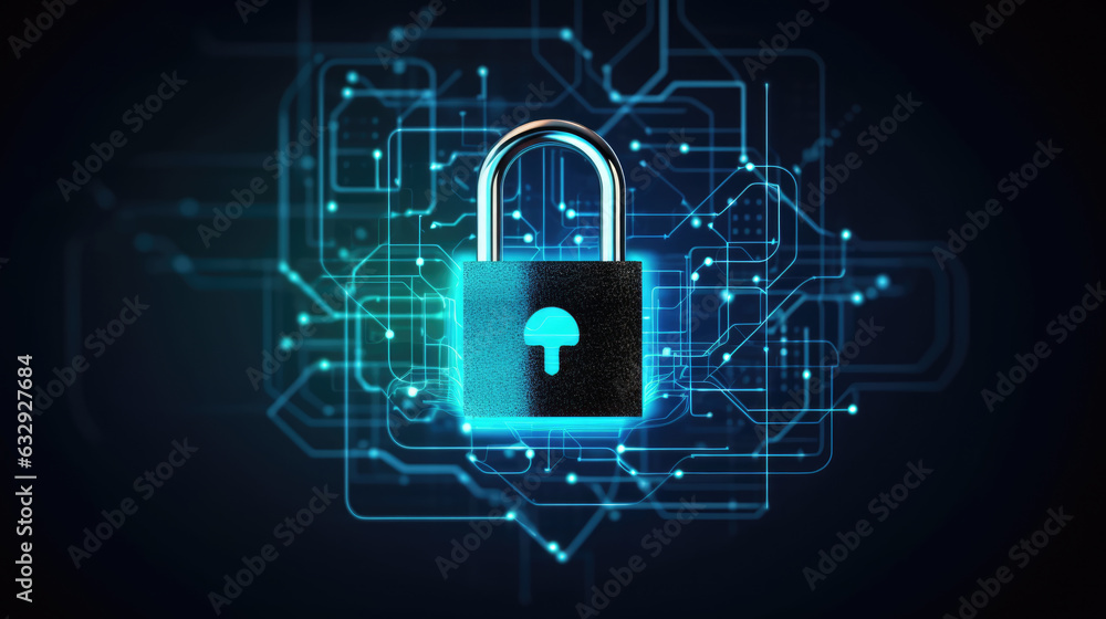 Closed digital lock key on digital background. Cybersecurity and information or network protection. Created with Generative AI technology. Closed digital lock key on digital background. Cybersecurity and information or network protection. Created with Generative AI technology.
