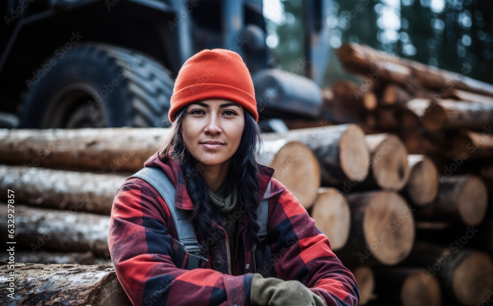 Young latin logging worker woman at work. Generative AI. Young latin logging worker woman at work. Generative AI.