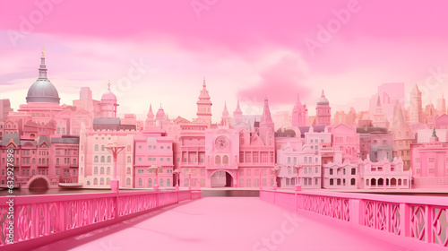 3D rendering of a fairy tale city in pink and blue colors