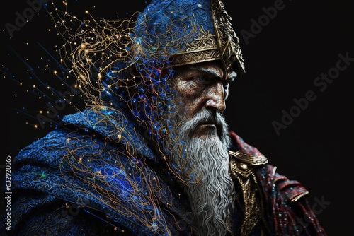 Fantastic blue beautiful intricate wizard creative vector illustration design character. Magic and wizardry. Ai generated