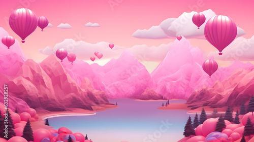 3d render of abstract mountain landscape with pink and white color background