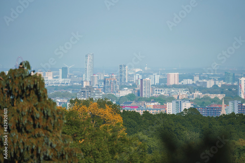 Scenic view of cityscape with blue sky in background. Tall skyscraper amidst residential buildings seen from forest. High angle view of urban district in London.