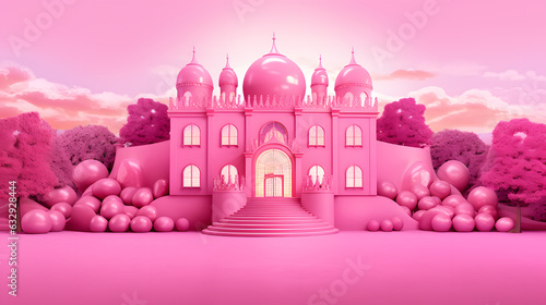 Pink fantasy castle with pink balloons and stairs. 3D rendering.