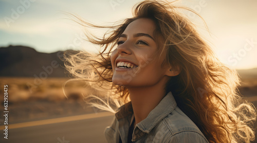 Happy smiling woman with hair develops in the wind. Created with Generative AI technology.