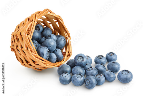 blueberry in wicker basket isolated on white background