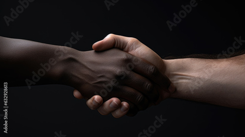 Handshake between two people with different skin colors. The concept of diversity and equality. Created with Generative AI technology.