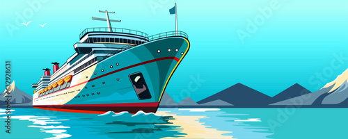 Sea luxury voyage. Modern liner transportation. Passenger journey. Cruiser travel. Realistic ship. Simple art. Ocean holiday. Large vessel. Maritime tour. Comfort adventure. Vector illustration