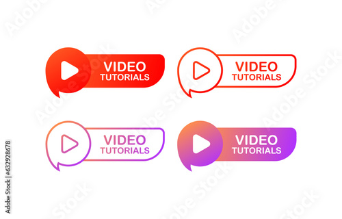 Video tutorials button. Flat, color, video tutorial, self-learning button. Vector icons