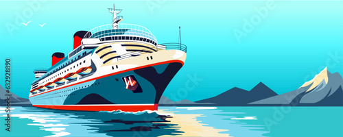 Luxury ship. Large voyage vessel. Realistic sea liner. Marine transport. Cruiser vacation. Sea travel. Ocean tour. Modern boat trip. Simple seascape art. Water holiday. Vector illustration photo