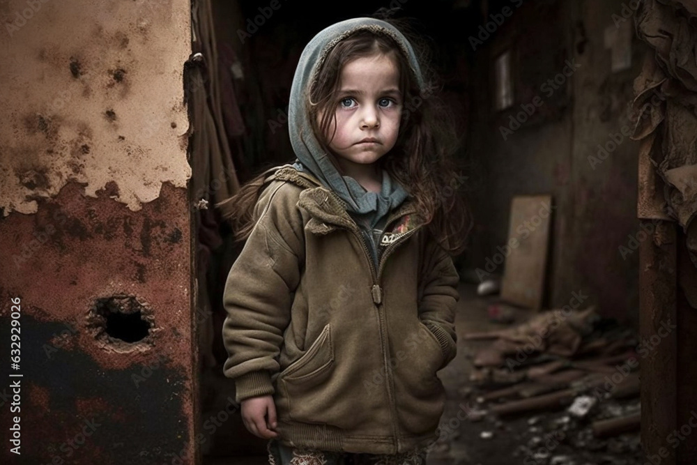 Sad little child girl in a devastated war torn zone or city. Warfare suffering concept. Ai generated Sad little child girl in a devastated war torn zone or city. Warfare suffering concept. Ai generated