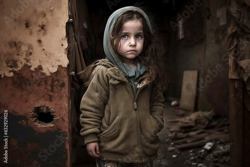 Sad little child girl in a devastated war torn zone or city. Warfare suffering concept. Ai generated