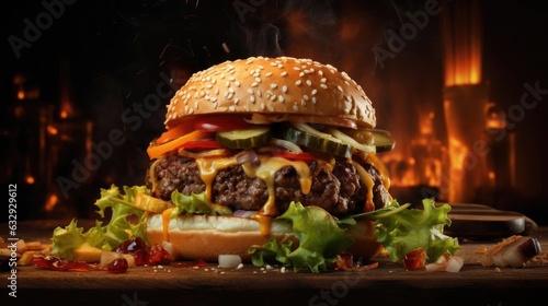 Close-Up of hamburger full of meat and vegetables and melted mayonnaise on a wooden table