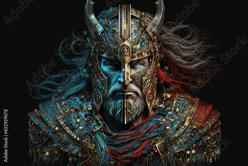 Abstract powerful warrior viking king portrait. Impressive man soldier portrait with blue color and intricate details. Ai generated
