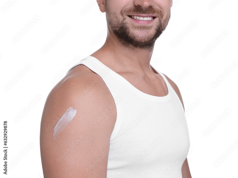 Man with sun protection cream on his shoulder against white background, closeup Man with sun protection cream on his shoulder against white background, closeup