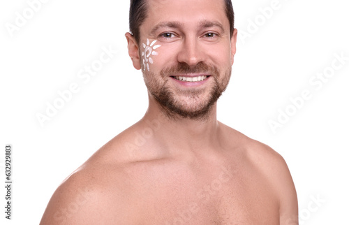 Handsome man with sun protection cream on his face against white background