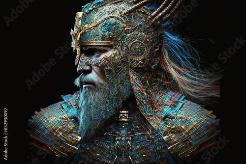 Abstract powerful warrior viking king portrait. Impressive man soldier portrait with blue color and intricate details. Ai generated photo