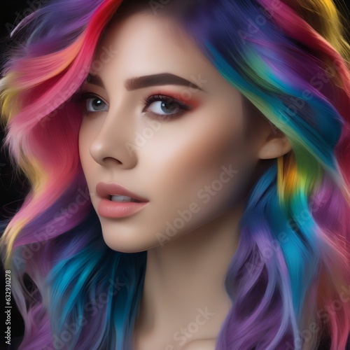 A portrait of a person with a cascade of rainbow-colored hair, expressing their vibrant personality2