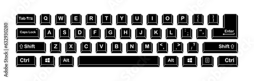 Keyboard. Silhouette, black, computer keyboard, keyboard keys, English layout. Vector illustration