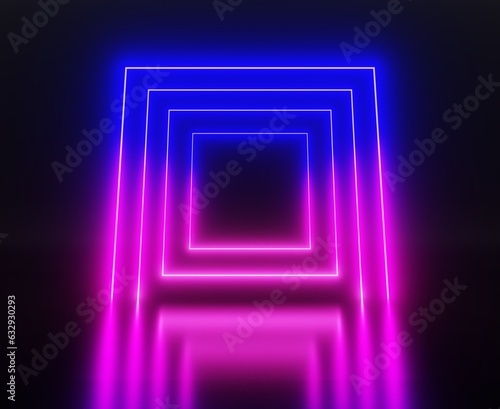 Futuristic neon portal, tunnel of square light frames, glow blue pink gate of led lamps on water surface 3d render. Modern art gallery, cyber space stage on black abstract background. 3D illustration