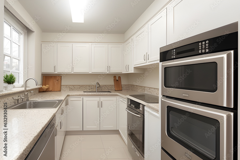 Interior of light kitchen with washing machine, oven and white counters Interior of light kitchen with washing machine, oven and white counters