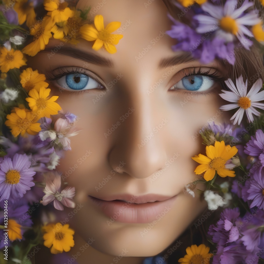 A portrait of a person with eyes that reflect the colors of a blooming field of wildflowers, embodying their joy1 A portrait of a person with eyes that reflect the colors of a blooming field of wildflowers, embodying their joy1
