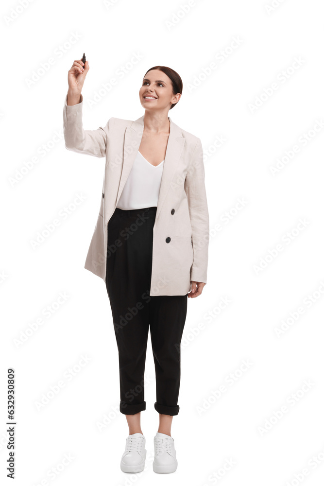 Beautiful businesswoman in suit with marker on white background Beautiful businesswoman in suit with marker on white background