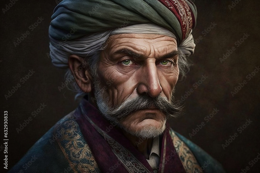 Ottoman man with turban on his head. Turkish general or old pascha army man with fierce look. Sultan concept. Ai generated Ottoman man with turban on his head. Turkish general or old pascha army man with fierce look. Sultan concept. Ai generated