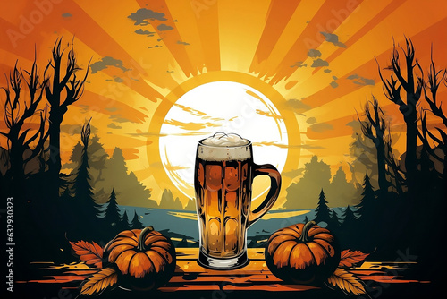 Oktoberfest horizontal banner, festive design. Oktober fest illustration - autumn template with beer mug, with pumpkins and fall leaves. Autumn atmosphere, beer festival. photo