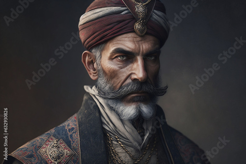 Ottoman man with turban on his head. Turkish general or old pascha army man with fierce look. Sultan concept. Ai generated