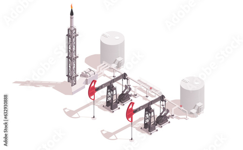 Oil well set. Pump technology. Petroleum energy industry. Fuel reservoir. Product storage. Plant, factory station. Mining business. Isolated on white background. Isometric vector illustration