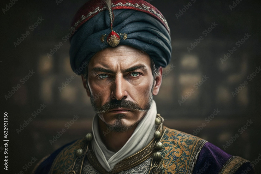 Ottoman man with turban on his head. Turkish general or old pascha army man with fierce look. Sultan concept. Ai generated Ottoman man with turban on his head. Turkish general or old pascha army man with fierce look. Sultan concept. Ai generated