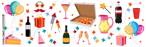 Party set. Fun birthday celebration. Happy holiday decoration. Cartoon balloon, pizza, hat, fireworks. Festive collection. Colorful event design. Isolated on white background. Vector illustration