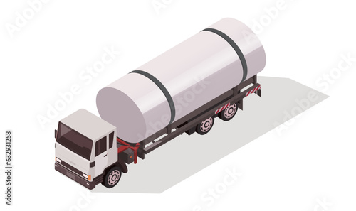 Fuel tanker, gas, oil, gasoline, petrol, diesel cargo. Lorry, vehicle, truck, cistern, delivery, transport, tank, car, shipping, industry. Isolated on white background. Isometric vector illustration.