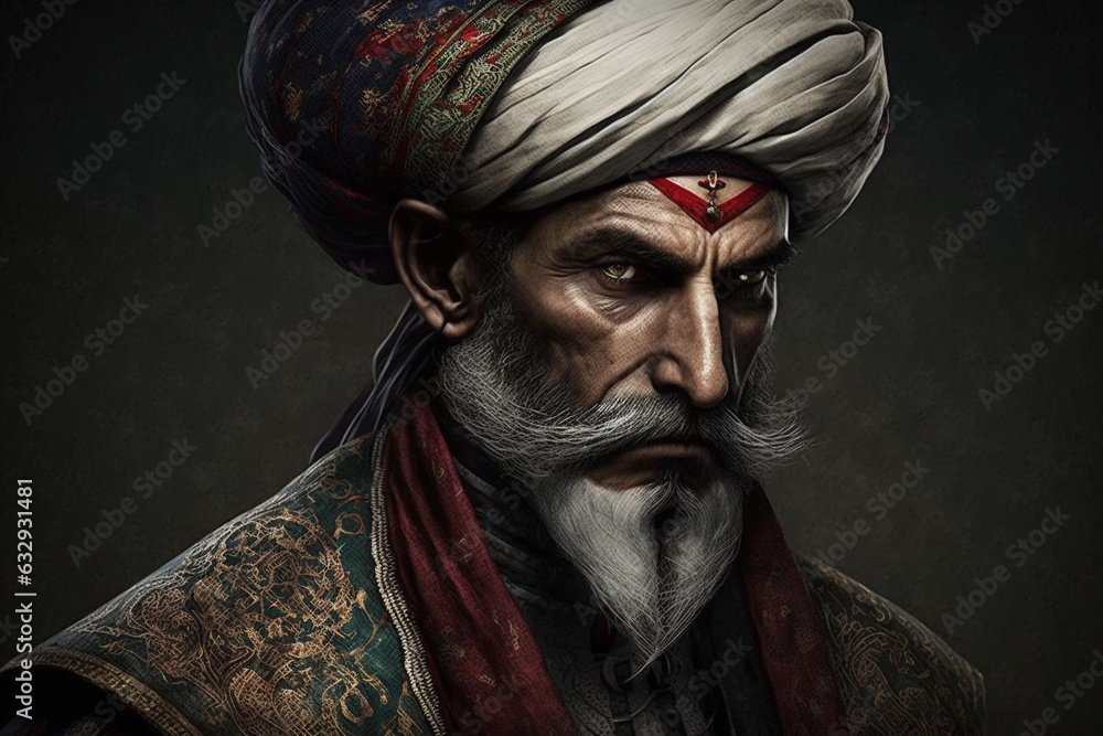 Ottoman man with turban on his head. Turkish general or old pascha army man with fierce look. Sultan concept. Ai generated Ottoman man with turban on his head. Turkish general or old pascha army man with fierce look. Sultan concept. Ai generated