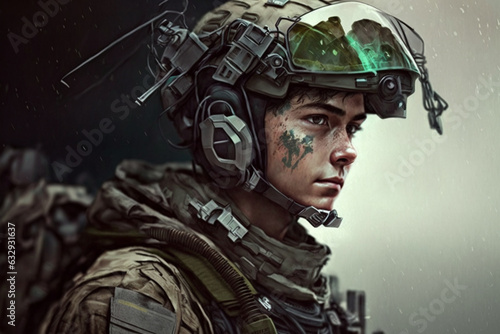 Futuristic soldier in a military costume gear. War soldier concept. Ai generated