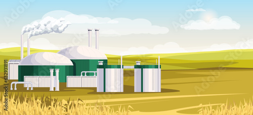 Biofuel station, renewable energy source, electricity, environment, gas, fuel, power plant, biodiesel, biogas, field, crops, agriculture. Industrial building. Vector illustration.
