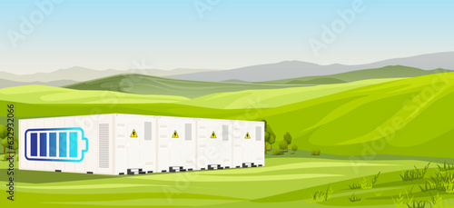 Battery storage power station, ecology, electric solar energy, power plant, renewable, green field, generator, charging, stabilization. Vector illustration.