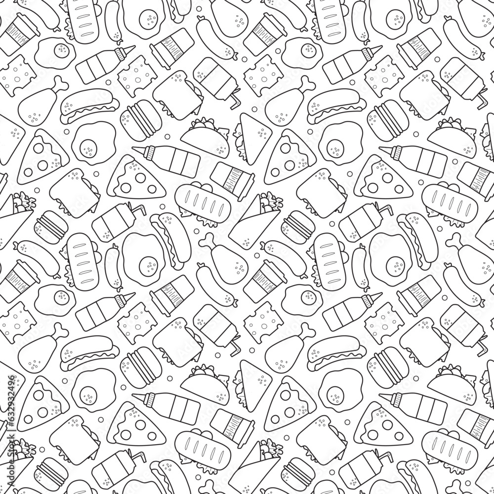 Fast food. Seamless pattern of black and white fast food icons. For the design of the menu of restaurants and fast food outlets. Vector