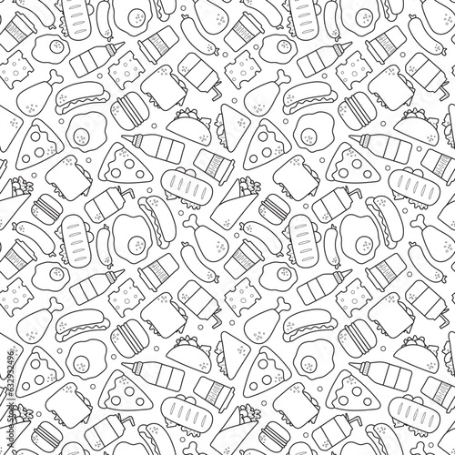 Fast food. Seamless pattern of black and white fast food icons. For the design of the menu of restaurants and fast food outlets. Vector