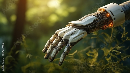 A futuristic robotic hand with illuminated palm