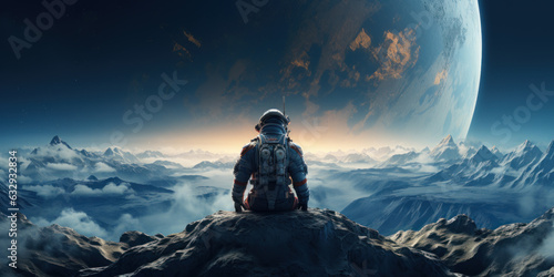 Print op canvas Astronaut sitting on a cliff on the Moon in front of planet Earth