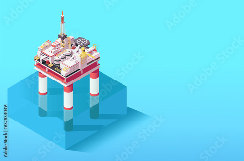 Oil platform. Energy industry. Rig structure. Petroleum extraction. Sea fuel production. Offshore technology. Gasoline refinery. Power station. Pump machine. Isometric vector illustration