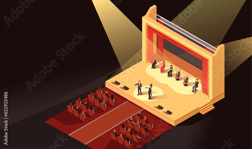 Opera performance. Stage concert art. Orchestra design. Musical instrument, Violin melody. Classic event concept. Professional symphony conductor. Creative band. Isometric vector illustration