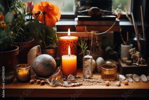 intimate photo of a personal altar in a home, adorned with meaningful objects, providing a space for meditation and reflection Generative AI