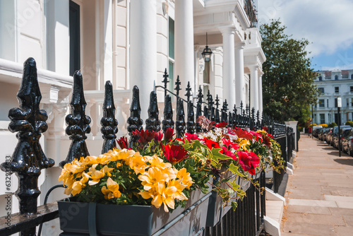 Flower pots hanging on railing of luxurious property in Pembridge Gardens. Residential house by footpath. Modern apartment in London on sunny day. photo