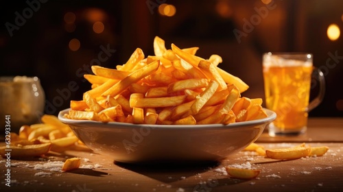 Close-Up of crispy french fries  crunchy  salty  tasty  with cinematic light and blur background