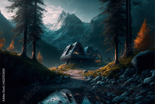 mountainous landscape with a building lost in the middle of the forest, image created with ai